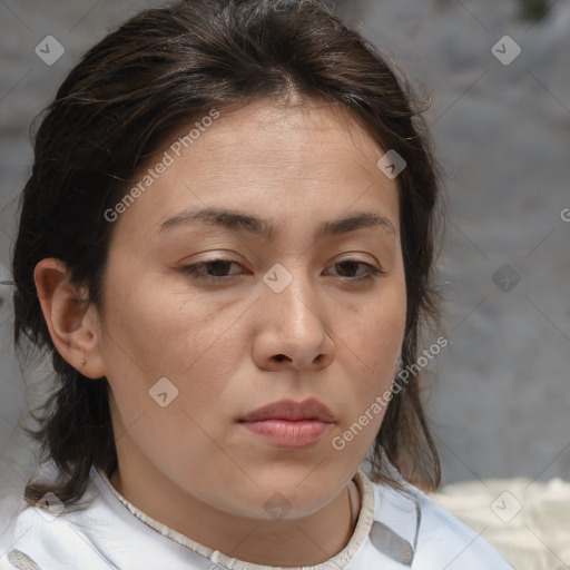 Neutral white young-adult female with medium  brown hair and brown eyes