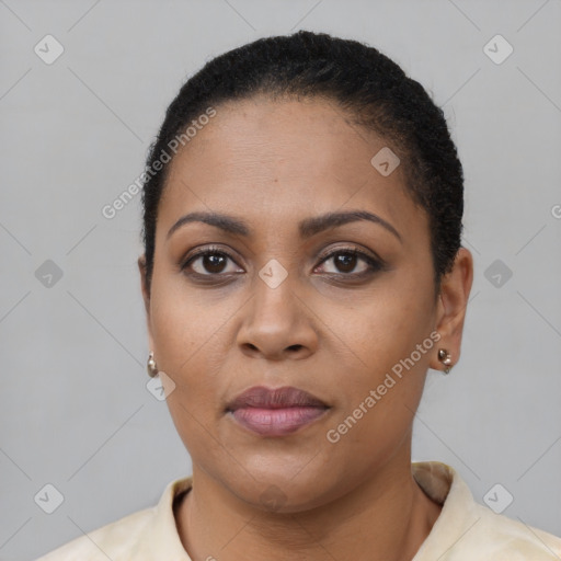 Neutral latino young-adult female with short  brown hair and brown eyes