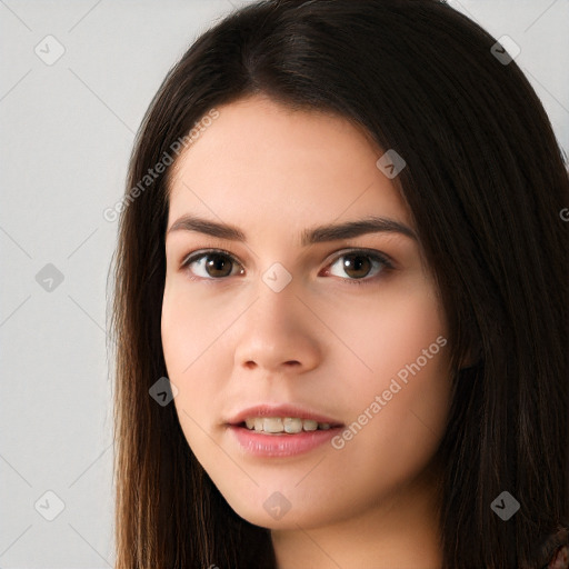 Neutral white young-adult female with long  brown hair and brown eyes