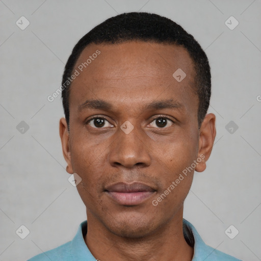 Neutral black adult male with short  black hair and brown eyes