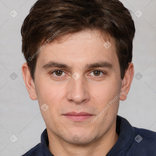 Neutral white young-adult male with short  brown hair and brown eyes