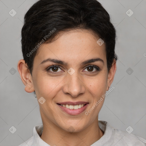 Joyful white young-adult female with short  brown hair and brown eyes