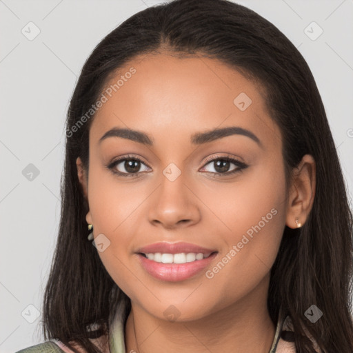 Joyful latino young-adult female with long  brown hair and brown eyes