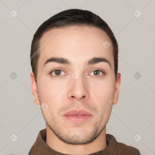 Neutral white young-adult male with short  brown hair and brown eyes