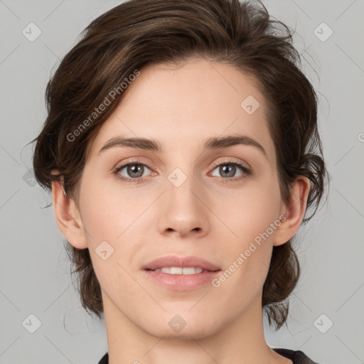 Neutral white young-adult female with medium  brown hair and brown eyes