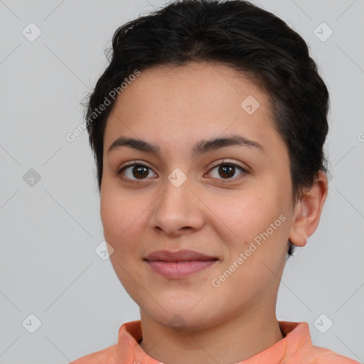 Joyful white young-adult female with short  brown hair and brown eyes