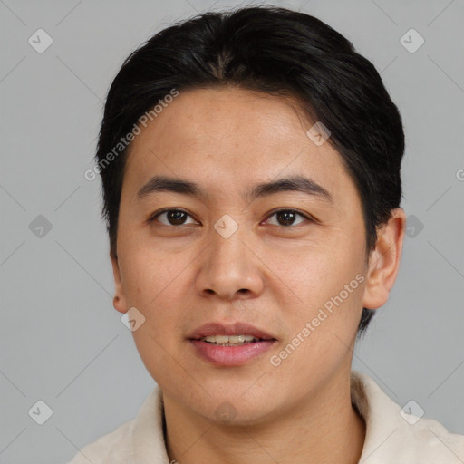 Joyful asian young-adult male with short  brown hair and brown eyes