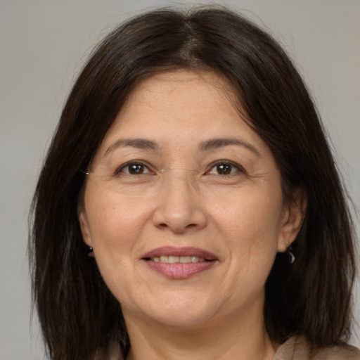 Joyful white adult female with medium  brown hair and brown eyes