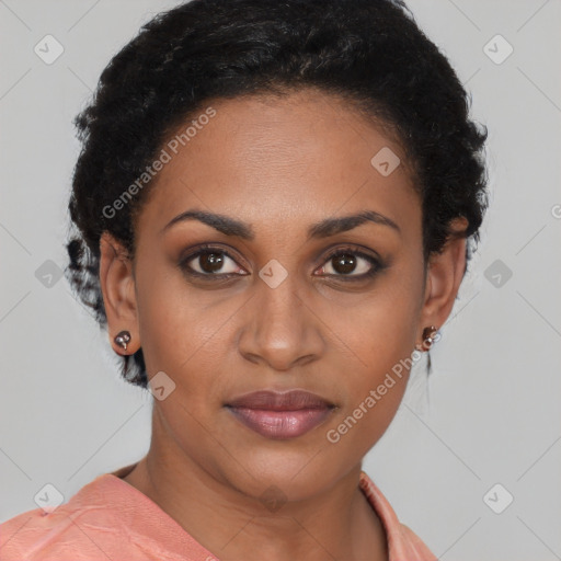 Joyful latino young-adult female with short  black hair and brown eyes