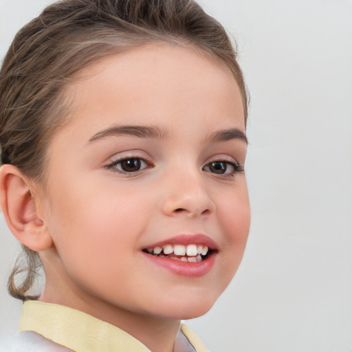 Joyful white child female with medium  brown hair and brown eyes