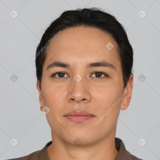 Neutral asian young-adult male with short  black hair and brown eyes