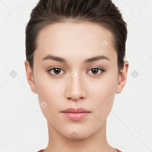 Neutral white young-adult female with short  brown hair and brown eyes