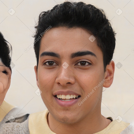 Joyful asian young-adult female with short  black hair and brown eyes