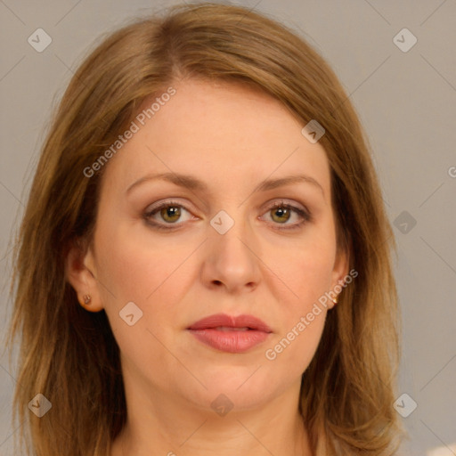 Joyful white young-adult female with long  brown hair and green eyes