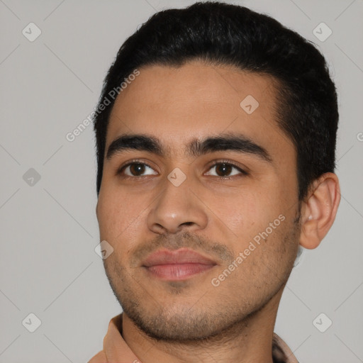 Neutral latino young-adult male with short  black hair and brown eyes