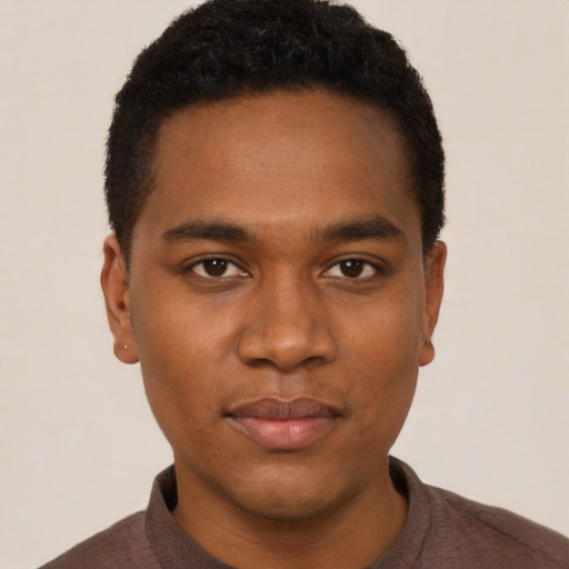 Neutral black young-adult male with short  black hair and brown eyes