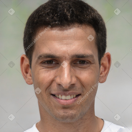 Joyful white adult male with short  brown hair and brown eyes