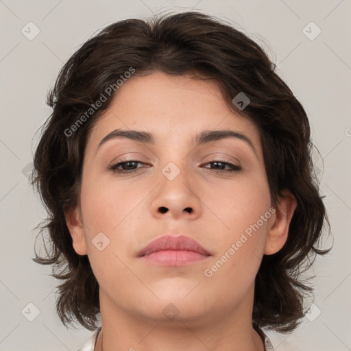 Neutral white young-adult female with medium  brown hair and brown eyes