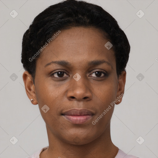 Neutral black young-adult female with short  brown hair and brown eyes