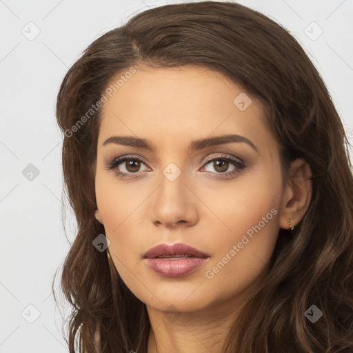 Neutral white young-adult female with long  brown hair and brown eyes