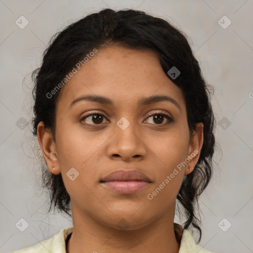 Joyful latino young-adult female with medium  brown hair and brown eyes