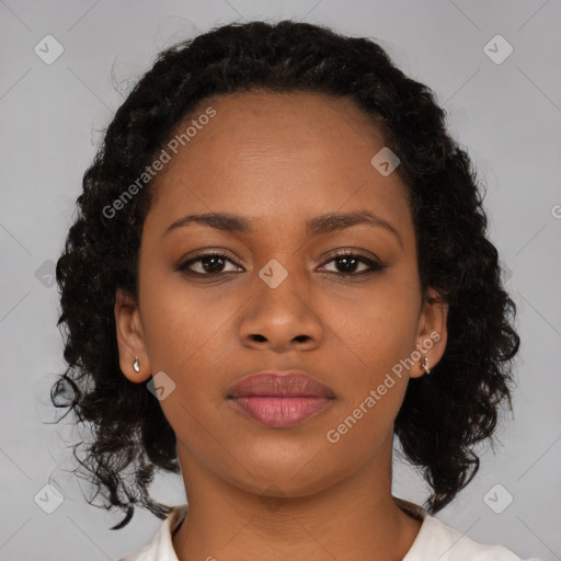 Neutral black young-adult female with medium  brown hair and brown eyes