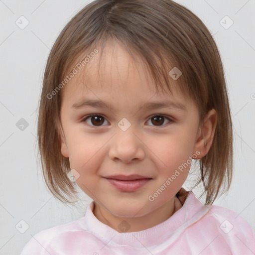 Joyful white child female with medium  brown hair and brown eyes