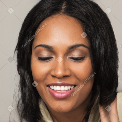 Joyful latino young-adult female with long  black hair and brown eyes