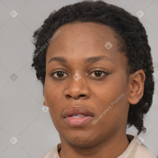 Neutral black adult female with short  brown hair and brown eyes