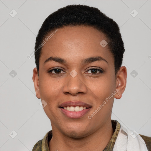 Joyful latino young-adult female with short  black hair and brown eyes