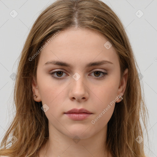 Neutral white young-adult female with long  brown hair and brown eyes