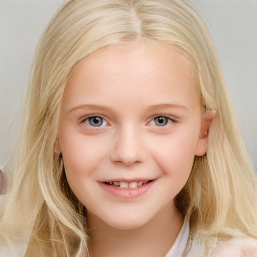 Joyful white child female with medium  brown hair and blue eyes