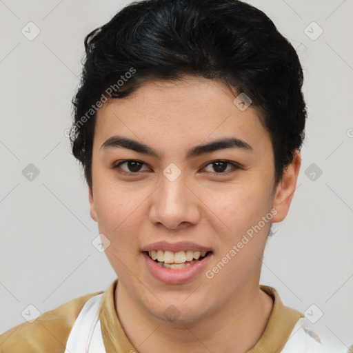 Joyful latino young-adult female with short  brown hair and brown eyes