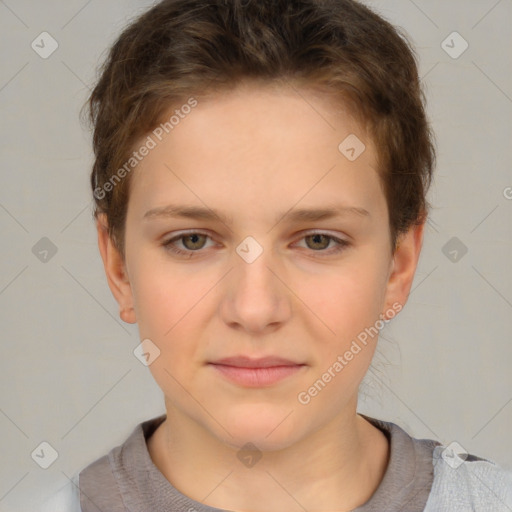 Joyful white child female with short  brown hair and brown eyes