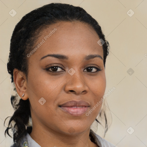 Joyful black young-adult female with medium  brown hair and brown eyes