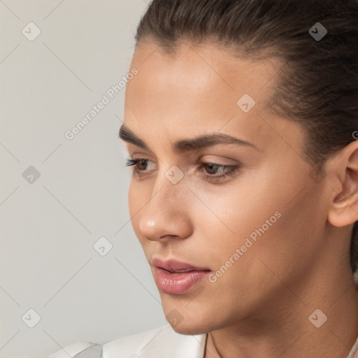 Neutral white young-adult female with short  brown hair and brown eyes