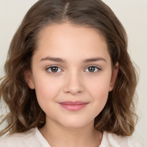 Joyful white child female with medium  brown hair and brown eyes