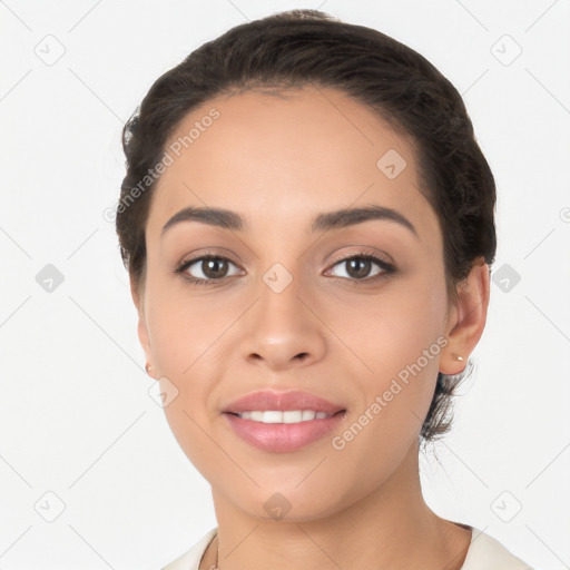 Joyful white young-adult female with short  brown hair and brown eyes