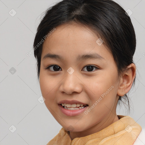 Joyful white child female with medium  brown hair and brown eyes