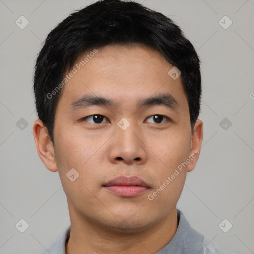 Neutral asian young-adult male with short  black hair and brown eyes