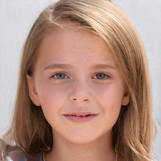 Joyful white child female with long  brown hair and grey eyes