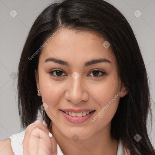 Joyful white young-adult female with medium  brown hair and brown eyes