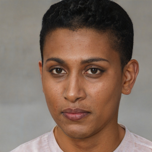 Neutral black young-adult female with short  black hair and brown eyes