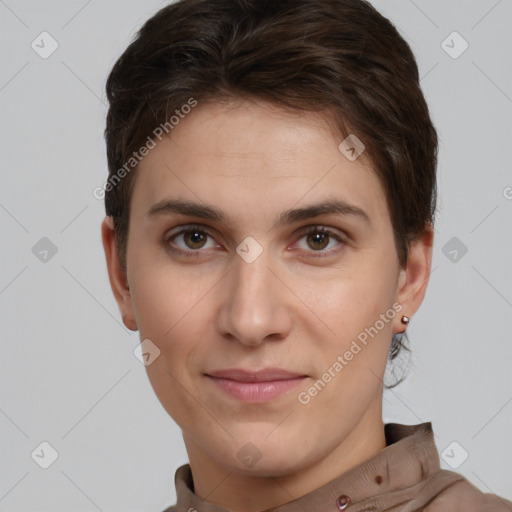 Joyful white young-adult female with short  brown hair and brown eyes