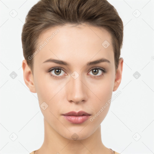 Neutral white young-adult female with short  brown hair and brown eyes