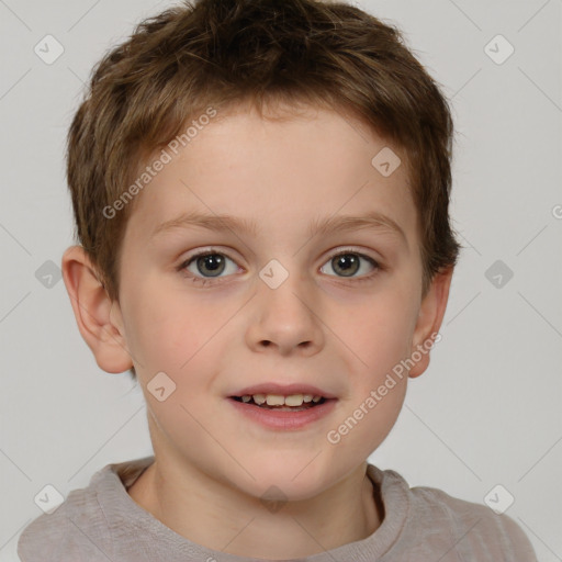 Joyful white child male with short  brown hair and brown eyes