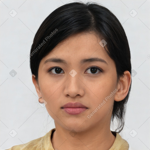 Neutral asian young-adult female with medium  black hair and brown eyes