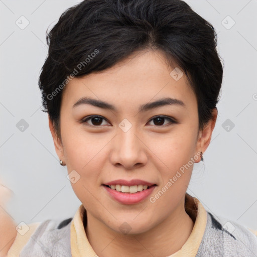 Joyful asian young-adult female with short  brown hair and brown eyes