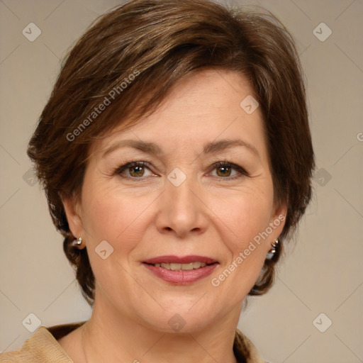 Joyful white adult female with medium  brown hair and brown eyes