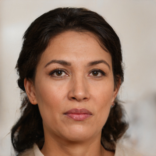 Neutral white adult female with medium  brown hair and brown eyes